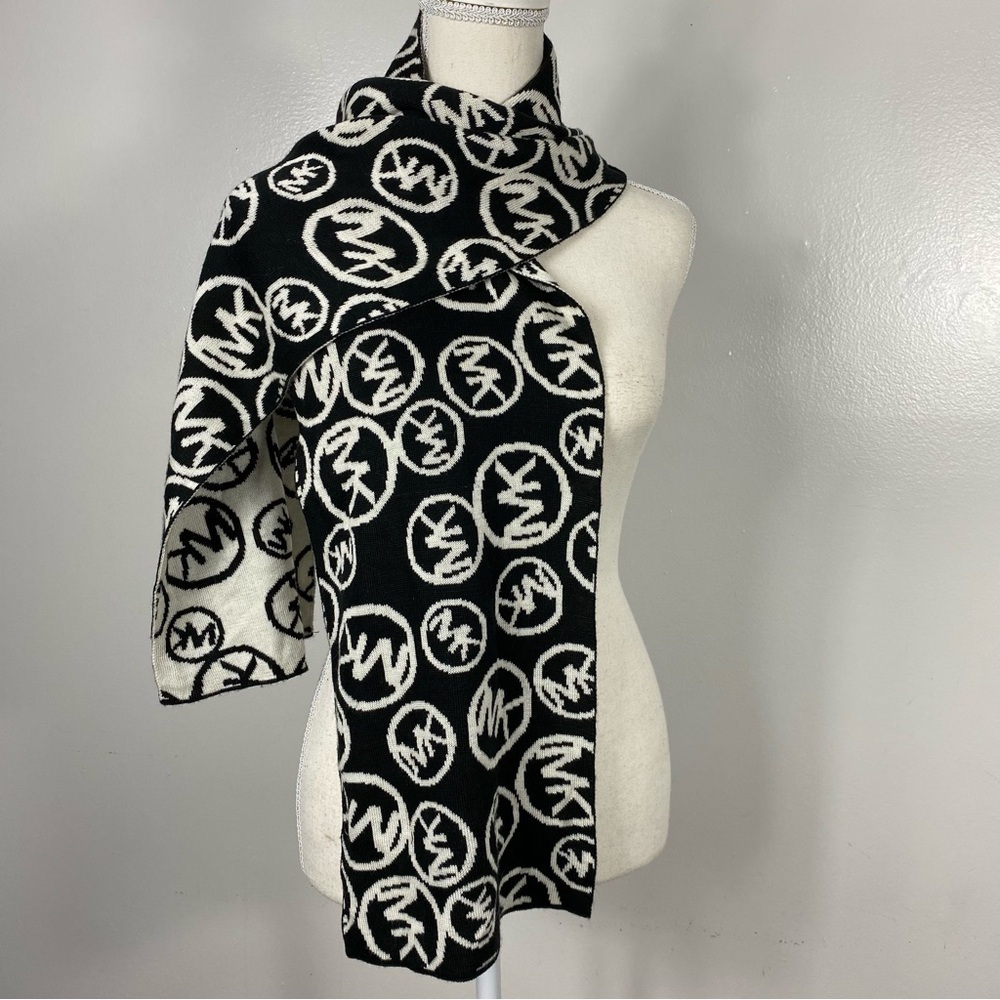 Michael Kors Signature Logo Knit Reversible Scarf in black and white acrylic
